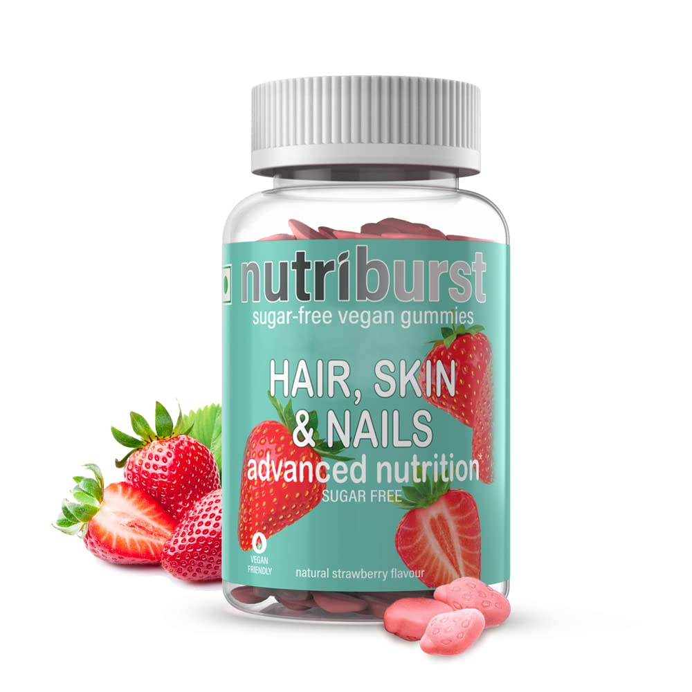 NUTRIBURST Hair, Skin & Nail | UKs Most Trusted Brand| Biotin Hair Gummies | For Healthy Skin, Hair & Nails | VEGAN AND SUGAR-FREE M | Delicious Strawberry flavored Gummies |Pack of 60