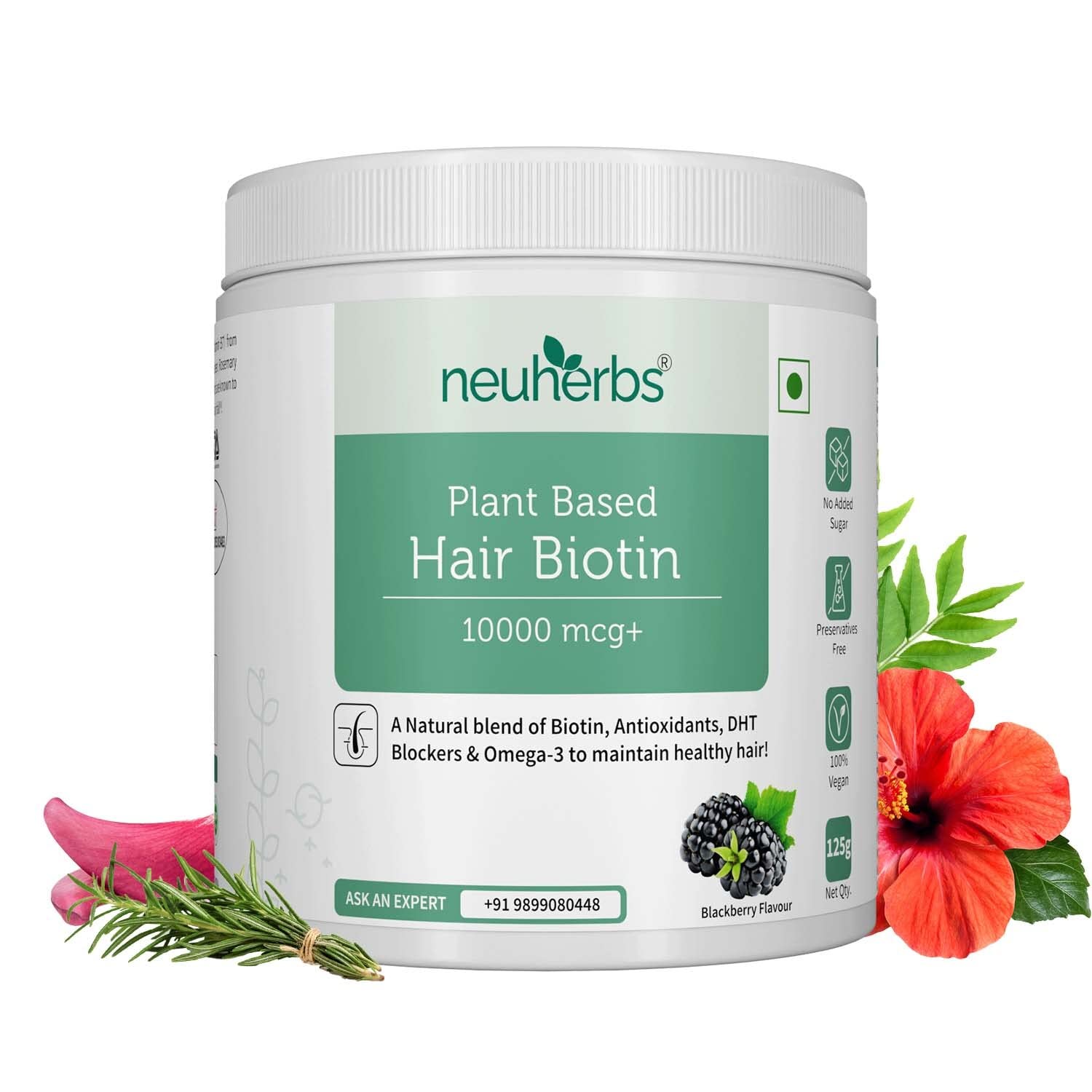 Neuherbs Plant Based Hair Biotin 10000mcg Supplement with DHT-Blocker & Omega-3 (125gm)