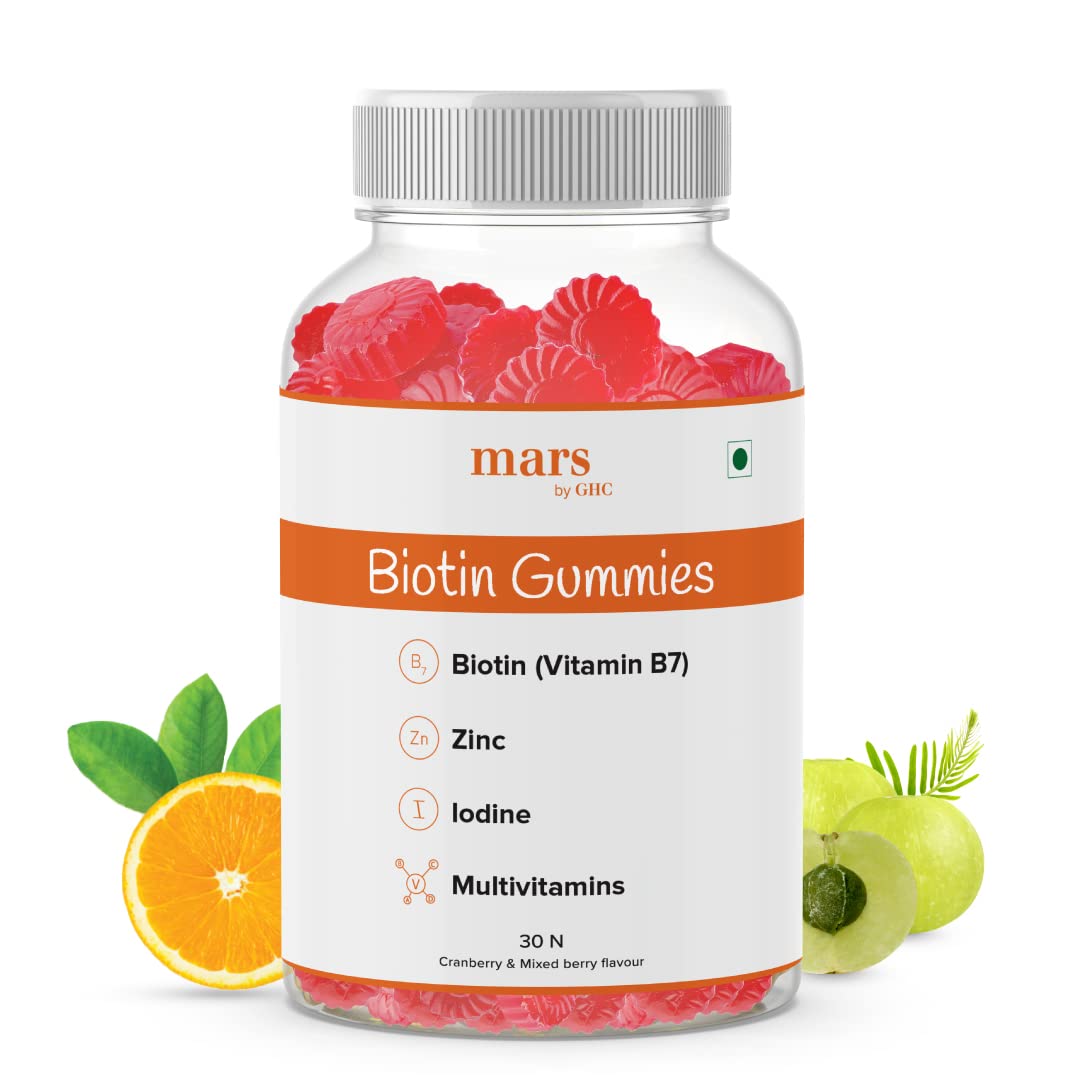 mars by GHC Biotin Hair Gummies – 30 Gummies | 30 Days Pack | Enriched with Biotin Vitamin A, C, E & Zinc | Added Sugar | Keeps Hair Healthy & Strong | Cranberry Flavored |100% Vegetarian