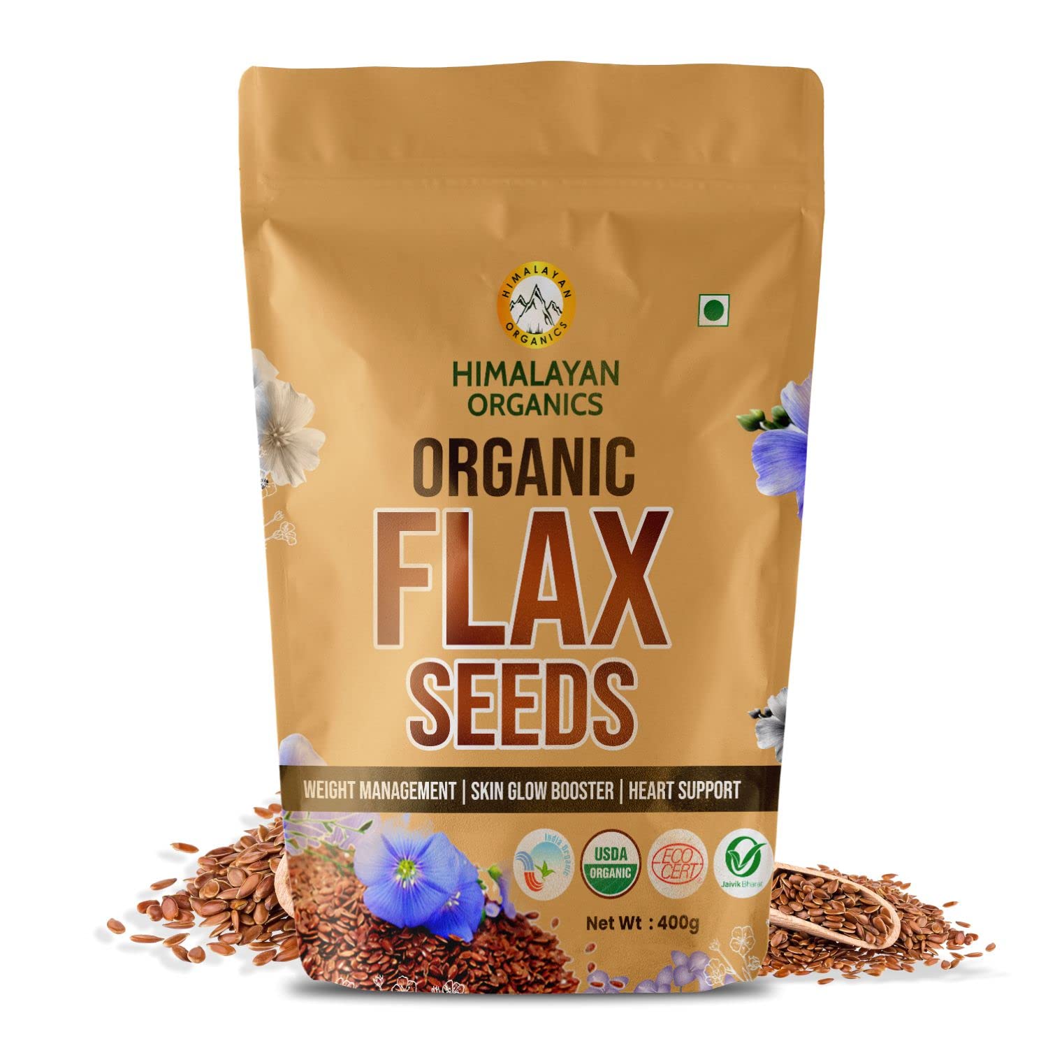 Himalayan Organics Certified Organic Flax Seeds – Enriched with Omega 3 & Zinc for Healthy Weight Management & Supports Heart Health – 400gm