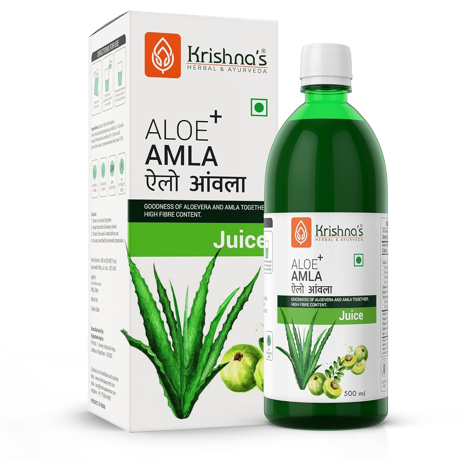 Krishna’s Aloe Vera Amla Mix Juice – (500 ML) For Acne And Pimples, Hair Care