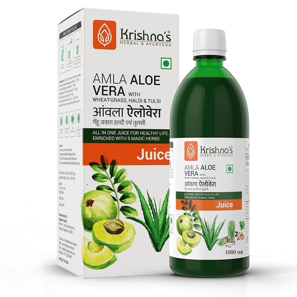 Krishna’s Amla Aloe Vera Wheat-grass, Haldi & Tulsi Juice – (500 ml) For Constipation, Acidity And Indigestion