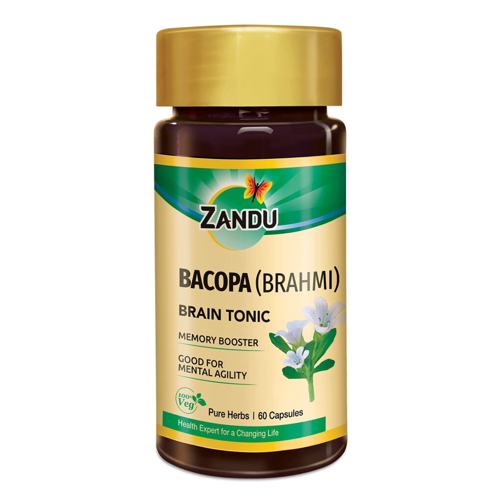 Zandu Bacopa (Brahmi) 60 Veg capsules For anxiety and stress, inflammation, Memory, Mental Agility