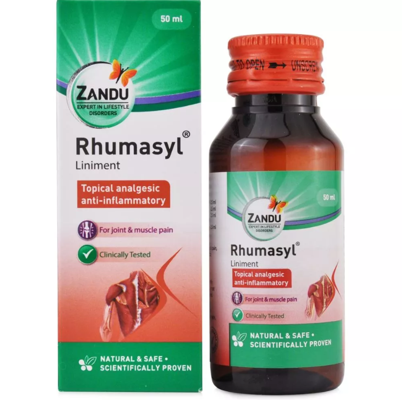 Zandu Rhumasyl Liniment (50ml) For Osteoarthritis, Sports Injury, Sprains, Back Pain, Cramps, Sciatica