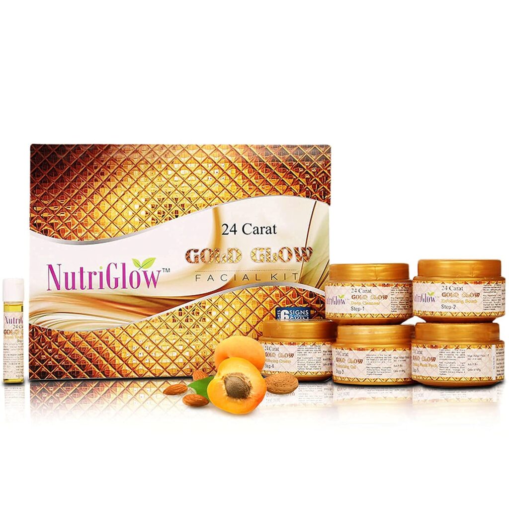 NutriGlow 24 Carat Gold Glow Facial Kit 6-Pieces Skin Care Set for Anti Aging, 250gm + 10ml