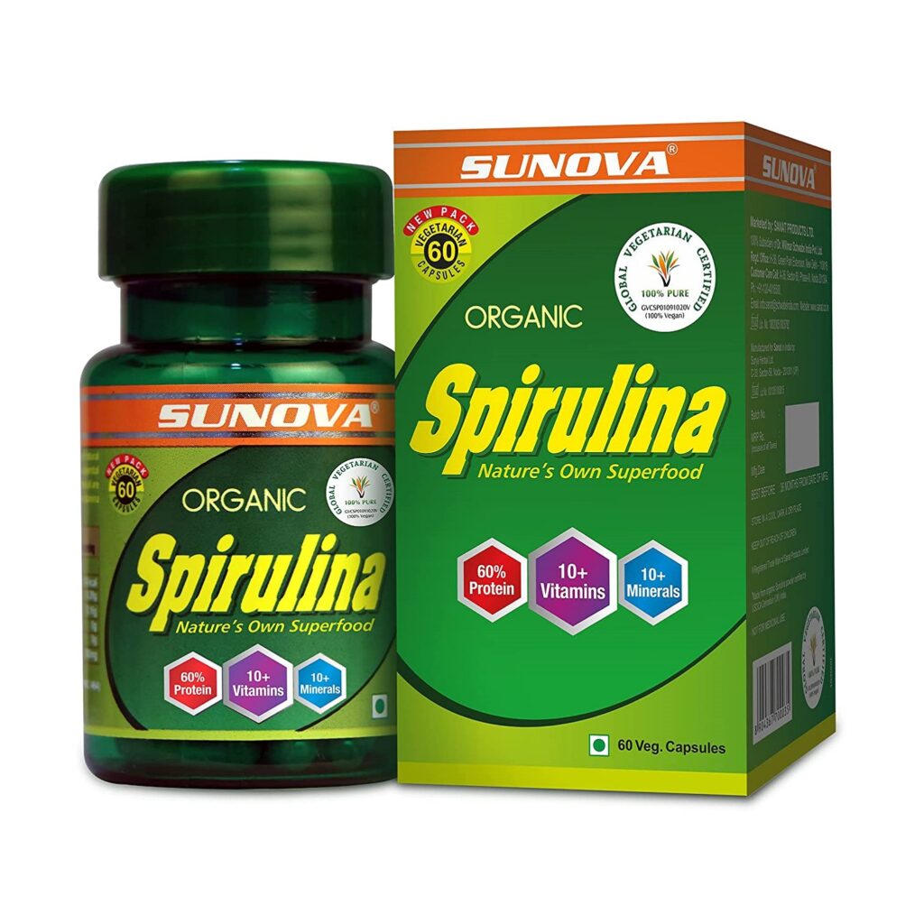 Sunova Organic Spirulina 60 Capsules For immunity, fatigue, haemoglobin level, bone, muscle and skin health