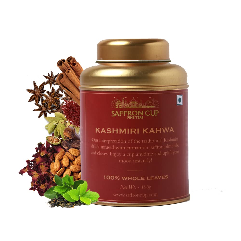 Saffron Cup | Kashmiri Kahwa | Green Tea 100 Gm ( 50 Cups) | Detox Weight Loss Tea, Stress Relief & Boost Metabolism |Blended With Almonds, Rose Petals, Cinnamon And Saffron Flavor