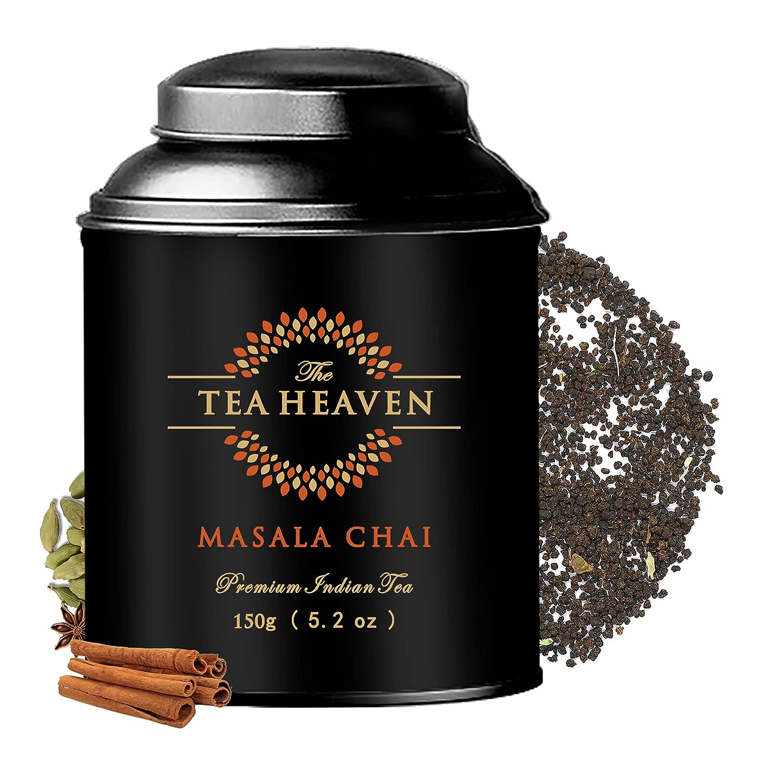 The Tea Heaven | Tea Gift – Masala Chai Whole Leaf Tea 150 Grams 50 Cups | Ginger Cardamom Cinnamon Cloves Star Anise Black Pepper | Double Lid Moisture Proof Container (150 Grams, Black Moisture Proof Container)