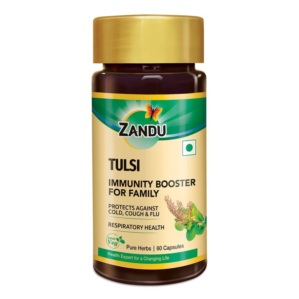 Zandu Tulsi (60 Veg Capsules) For bronchitis, asthma, flu, cough and cold, chest congestion and influenza