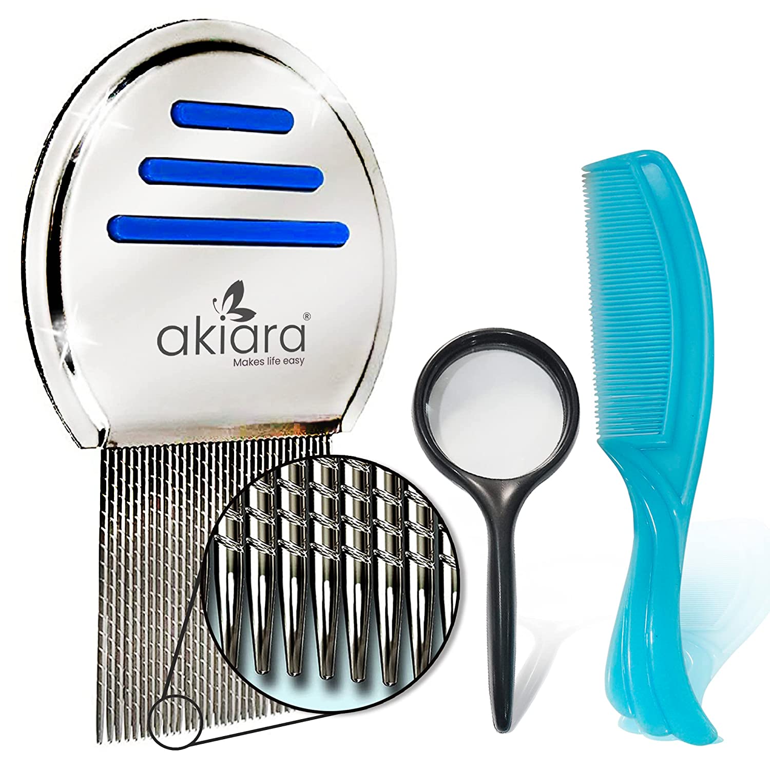 Akiara – Makes Life Easy Premium 3 Piece Lice Comb Kit – Lice and Nits Removal Comb with Fine Tooth and Magnifier Full Treatment Set Lice comb for hair.