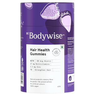 Be Bodywise Biotin Hair Gummies for Stronger, Shinier Hair & Nails | 60 Day Pack | With High Potency Biotin, Zinc, Folic Acid & Multivitamins | Strawberry Flavored | No Added Sugar | 60 Gummies