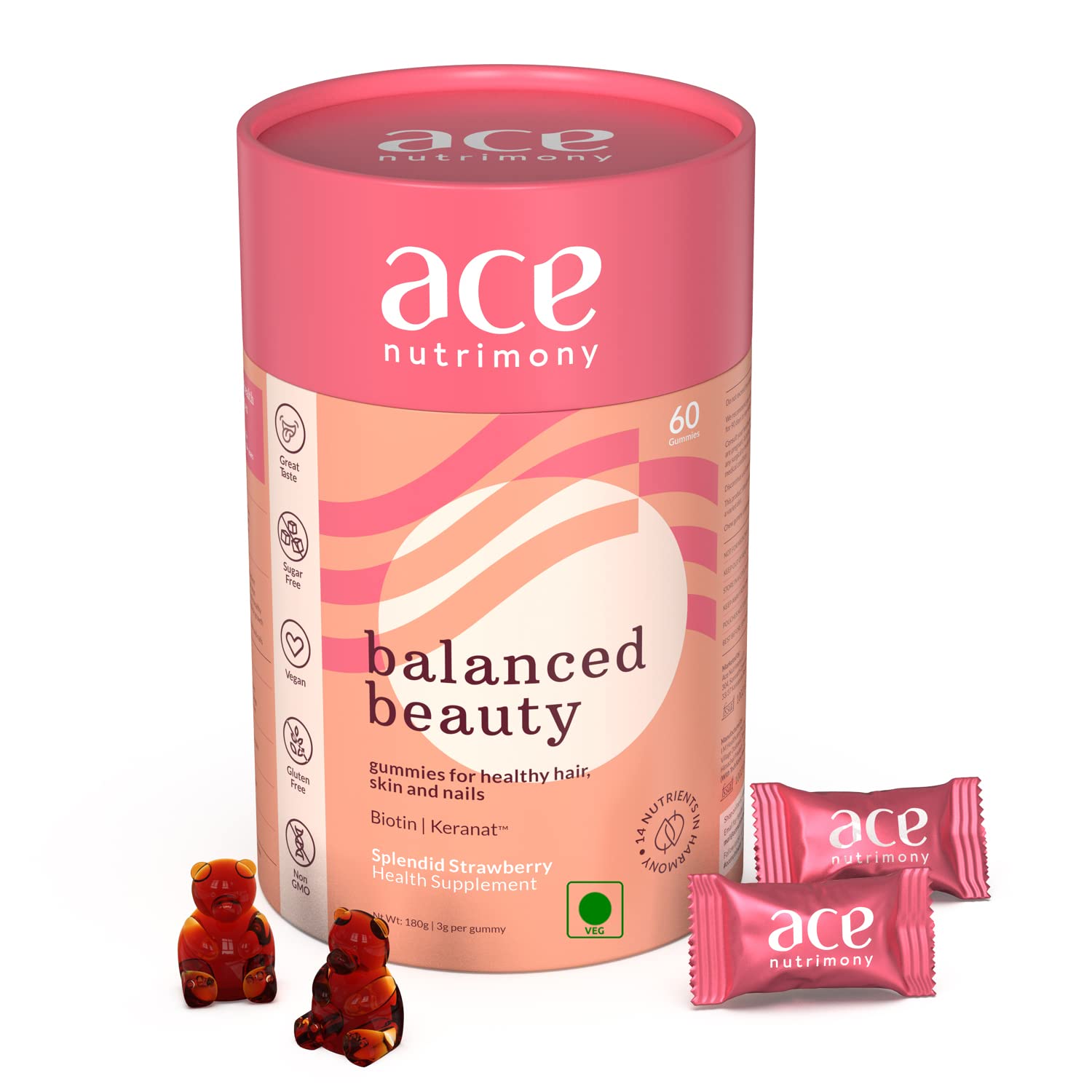 Ace Nutrimony Biotin Gummies for Hair Growth, Glowing Skin & Strong Nails with Keranat -Clinically proven Ingredient, Beauty Hair Gummies for Women & Men with Multivitamin, Sugar Free -30 Days Pack (60 Gummies)