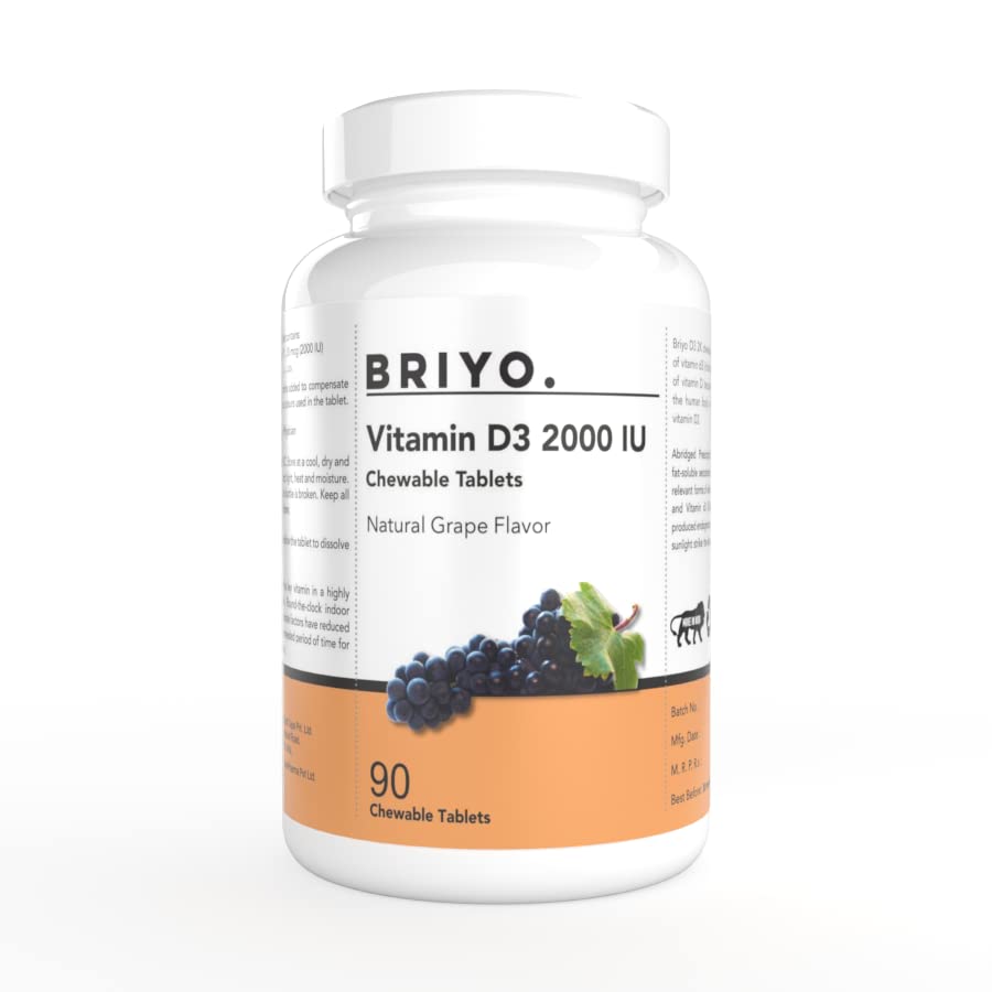 Briyosis Vitamin D3 2000 IU D3-90 Chewable Tablets Promotes Calcium Absorption, Bone Health, Muscle Strength & Immunity(natural grape flavor(90 Tablets))