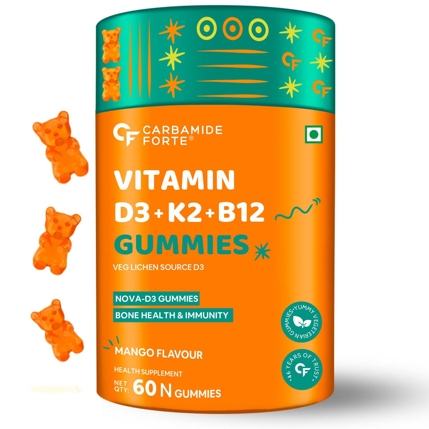 Carbamide Forte Vitamin D3 K2 B12 – Gummies for Women, Men & Kids – 60 Veg Gummies
