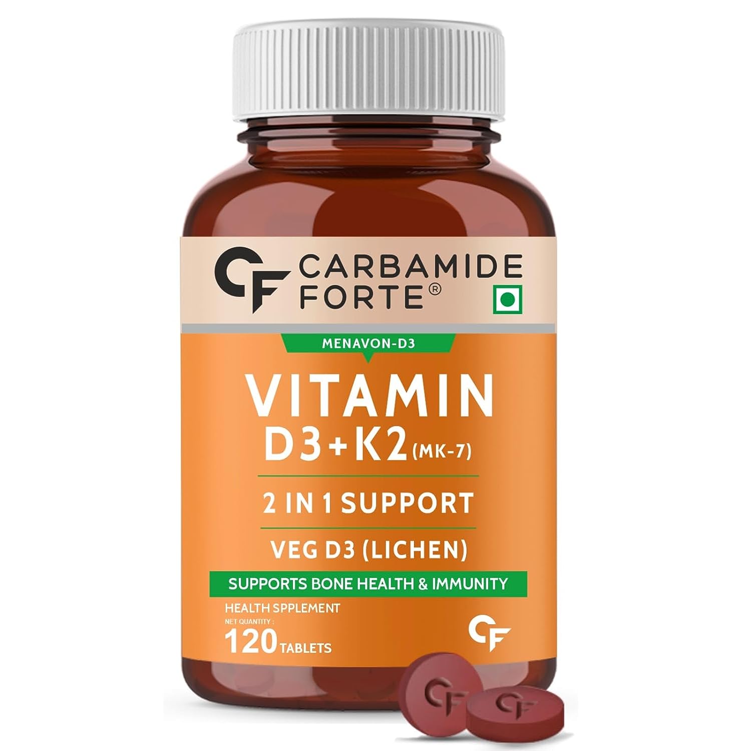 Carbamide Forte Vitamin D3 K2 MK7 | Plant Based Veg Vitamin D3 Supplement Lichen Source with Vitamin K2 MK7 Menaquinone – 120 Veg Tablets