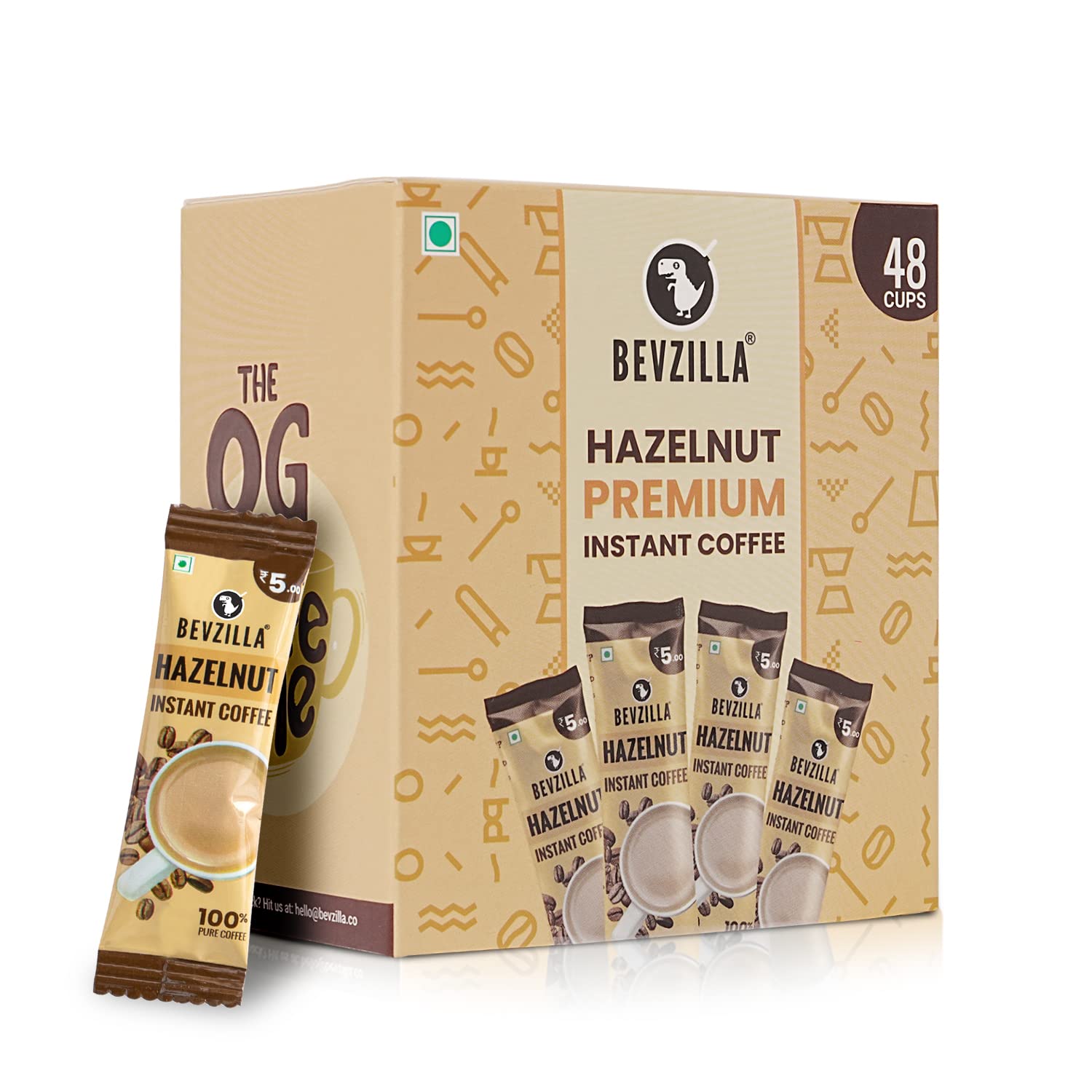 Bevzilla 48 Instant Coffee Powder Sachets (Hazelnut) – 96 Grams| Hot & Cold Coffee| Makes 48 Cups| 100% Arabica Coffee| Strong Coffee| Easy To Carry| Best Coffee| Espresso, Latte, Cappuccino