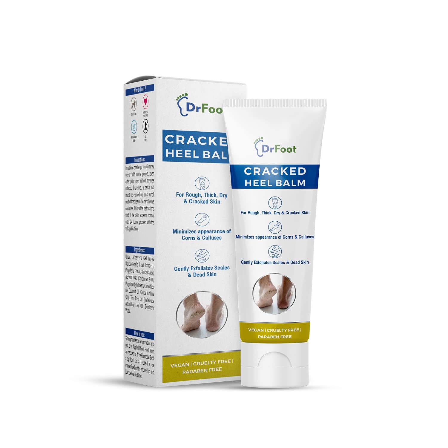 Dr Foot Cracked Heel Balm with Urea, Aloe Vera Gel & Tea Tree Oil for Rough, Thick, Dry, Cracked Skin | Cure and Moisturizes for Healthy Feet – 50gm