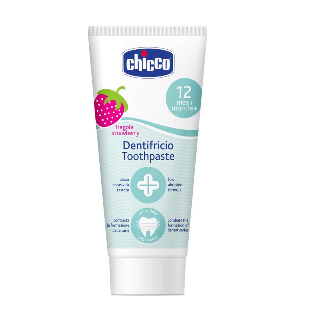 Chicco Toothpaste, Strawberry Flavour (50 ml) for 12m+ Baby, Fluoride-free, Preservative-free,Cavity Protection