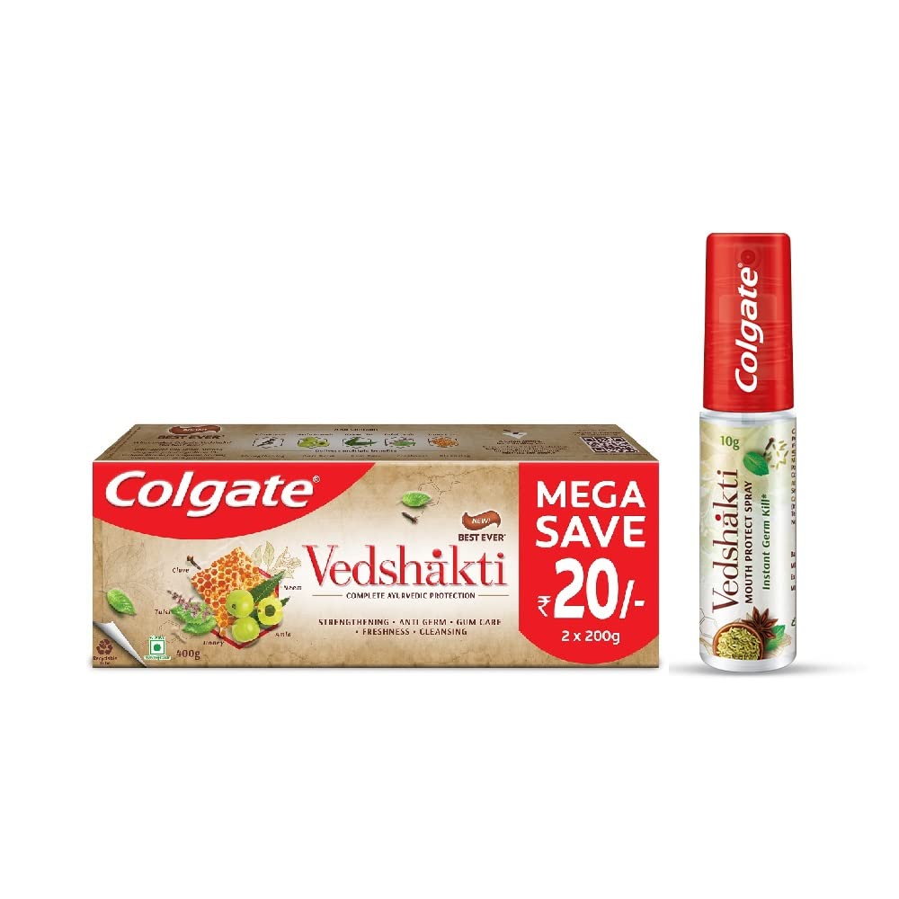Colgate Swarna Vedshakti Ayurvedic Toothpaste with Neem, Clove (400g) and Colgate Vedshakti Mouth Protect Spray with Breath Freshener, 10g
