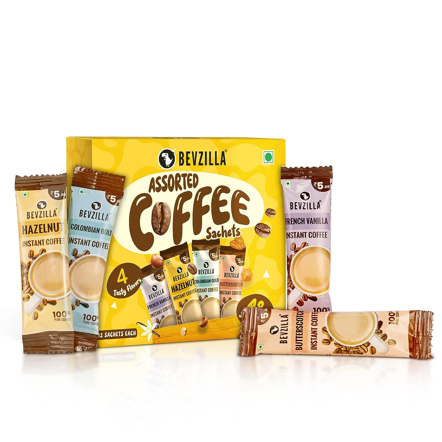 Bevzilla Instant Coffee Powder – 48 Sachets | Turkish Hazelnut, Colombian Gold, French Vanilla & English Butterscotch | 12 Sachets Each Flavour| Hot & Cold Coffee| Makes 48 Cups| 100 % Arabica Coffee| Strong Coffee| Easy To Carry| Best Coffee| Espresso, Latte, Cappuccino