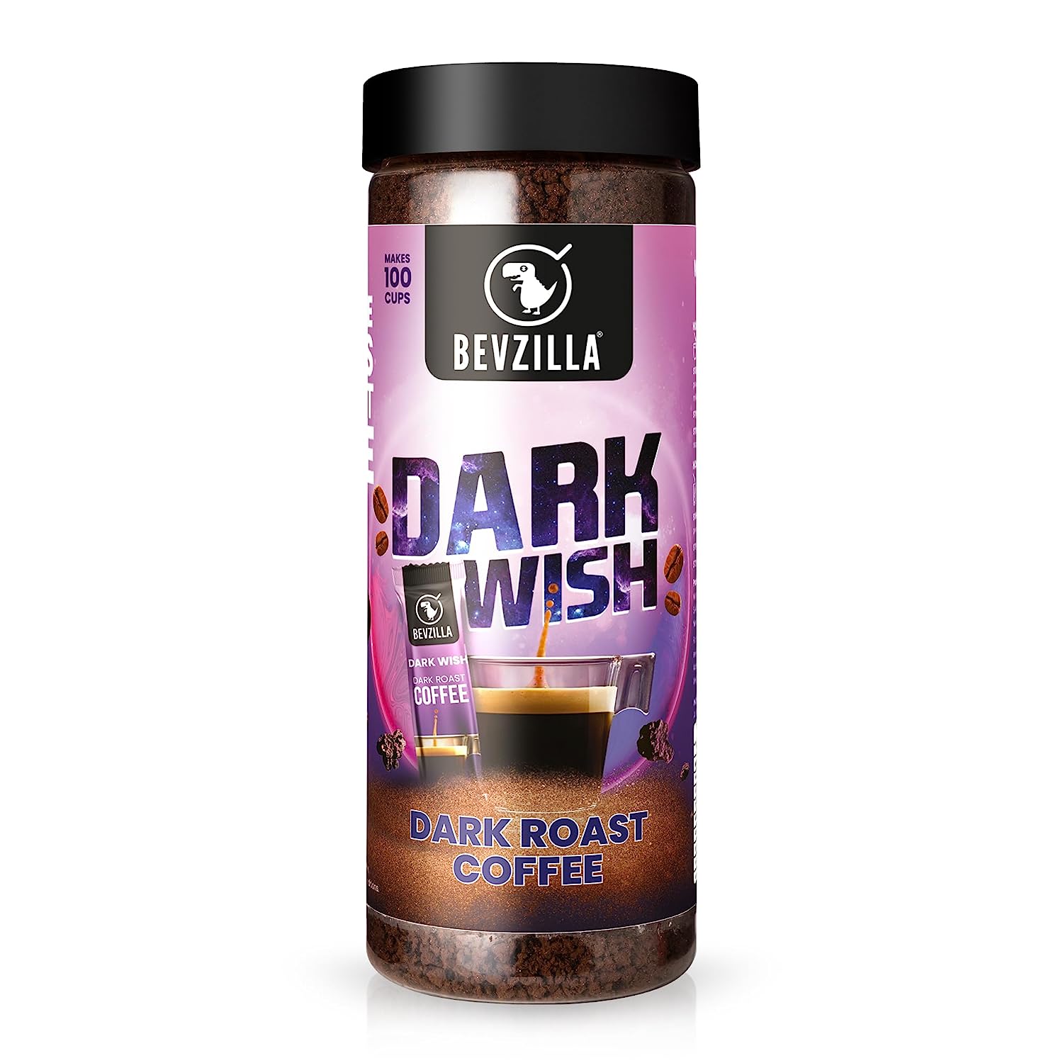 Bevzilla 200 Gram Classic Black Roast Strong Coffee(Dark Wish) | Make 100 Cups | Dark Wish Rich & Dark Instant Coffee Powder | Bold & Intense| Premium Coffee | 100% Arabica Coffee| Espresso, Cappuccino, Latte| High Caffeine