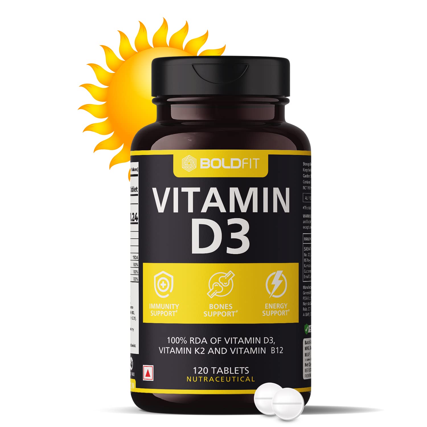 Boldfit Vitamin D3 Tablets for Men & Women – Vitamin D,Vitamin D3 + K2(MK7) & Vitamin B12 -Vitamin D3 Supplement for Men & Women for Bone Support & Joint Support -120Tablets
