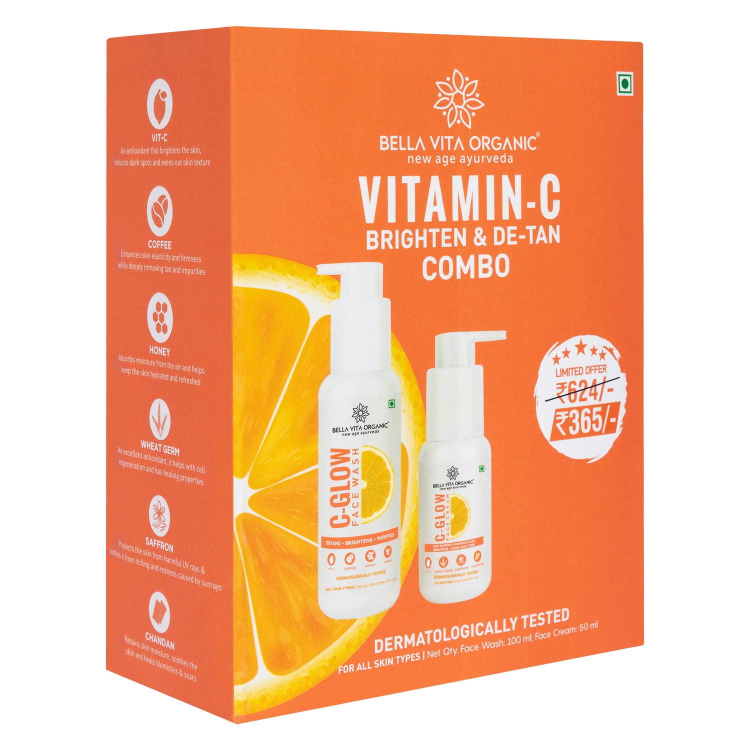 Bella Vita Organic Vitamin C Skincare Duo Box with Face Wash 100 ml and Face Cream 50 ml for Anti Pigmentation, De tan Removal, Glowing, Hydrating Skin & Even Skin Tone